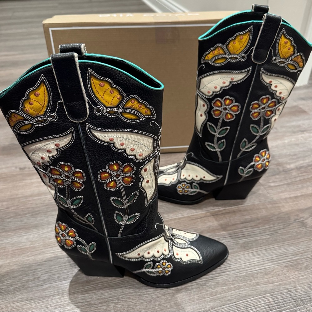 Dolce Vita Lelou Black Multi Leather Cowboy Western Boots